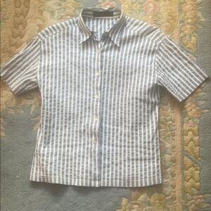 Vertical Striped Seersucker Button-Up Shirt. Stretchy cotton.